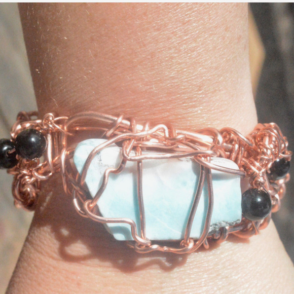 Conceptual Subculture Jewelry - Larimar Onyx Copper Cuff Bracelet Healing Energy